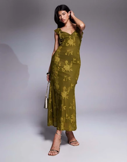 Макси-платье на бретельках с оборками от ASOS DESIGN оливково-зеленого цвета olive green
