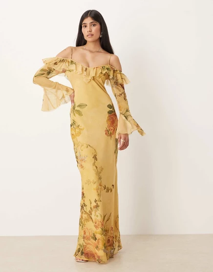 Макси-платье ASOS DESIGN с открытыми плечами и оборками и длинным рукавом в винтажном цветочном стиле vintage floral