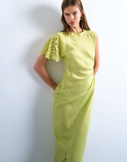 Платье миди с кружевной вставкой на плече от Topshop цвета лайма lime