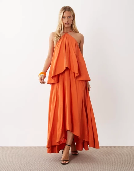 ДИЗАЙНЕРСКОЕ двухслойное макси-платье ASOS с открытой спиной и бретелькой на шее оранжевого цвета orange