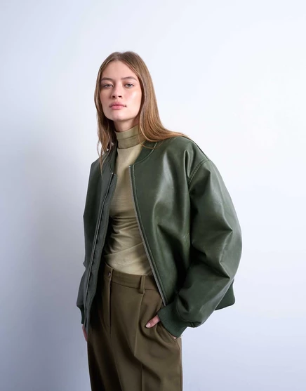Винтажная куртка-бомбер без воротника оверсайз из искусственной кожи Topshop зеленого цвета, которую можно постирать после стирки green