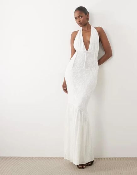 Женское макси ASOS Design кружевное с корсетом, кремовое