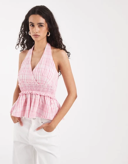 Женский топ Vero Moda халтер в клетку, розовый