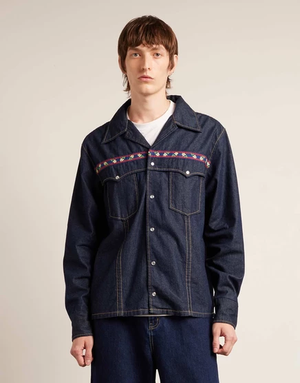 Джинсовая рубашка isidro из архивной коллекции Farah темно-синего цвета mid denim