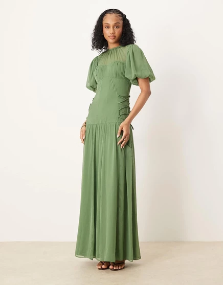 Зеленое шифоновое платье мидакси с пышными рукавами от ASOS DESIGN khaki