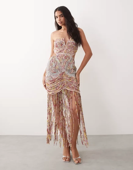 Женское макси-платье ASOS Luxe с вышивкой и бахромой, розовое