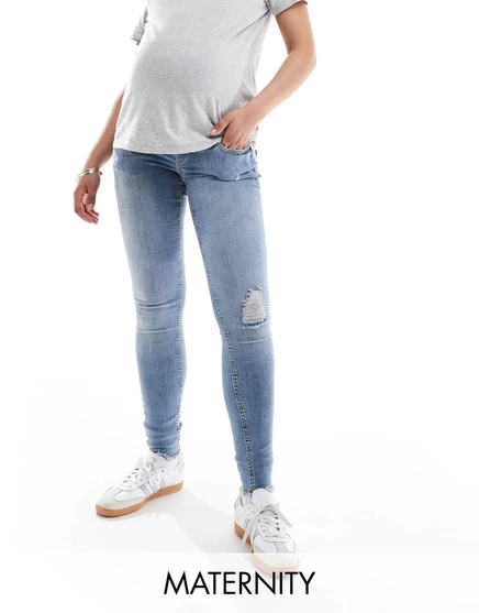 Синие джинсы скинни с потертым краем ONLY Maternity Blush  medium blue denim
