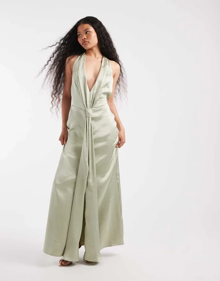 Атласное макси-платье TFNC Petite Bridesmaid Tiv с глубоким вырезом на шее и кисточками цвета шалфея зеленого цвета green
