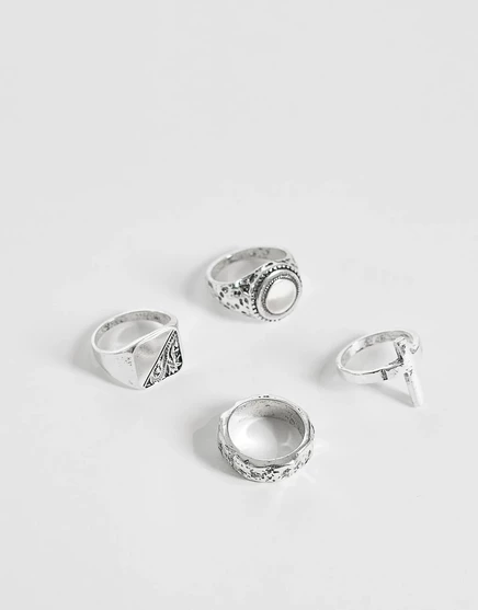 ASOS DESIGN 4 упаковки с гравировкой и кольцом с крестом из полированного серебра серебристого оттенка