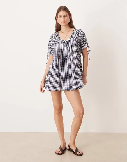 Платье-туника Free People farley в клетку темно-синего цвета navy combo