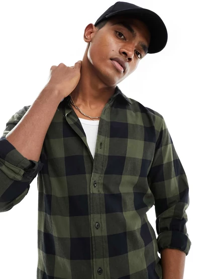 Рубашка в клетку Jack &Jones Essentials buffalo цвета хаки и черного dusty olive fit:slim