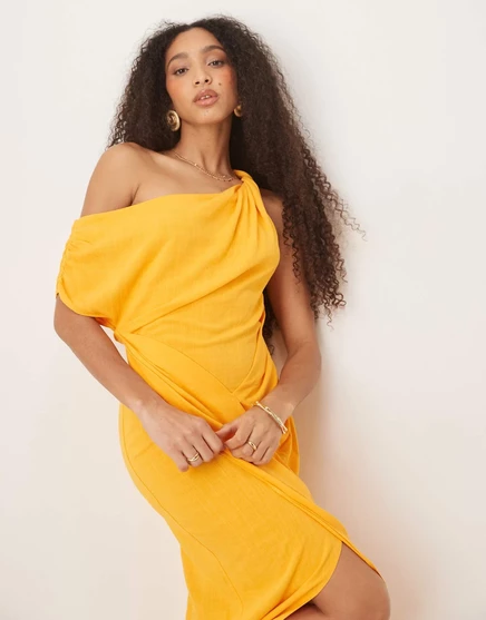 ДИЗАЙНЕРСКОЕ льняное платье-миди из смеси льна ASOS с укороченной юбкой и запахом на плечах оранжевого цвета orange