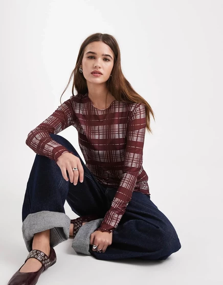 Сетчатый топ с длинными рукавами Object в бордовую клетку с принтом burgundy check
