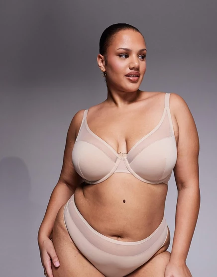 Бюстгальтер ASOS DESIGN Curve Ella с подкладкой из микрофибры на косточках и сетчатой отделкой бежевого цвета beige
