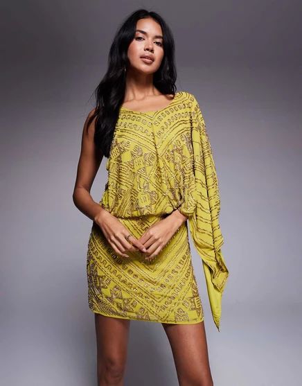 Мини-платье с асимметричной накидкой ASOS DESIGN, украшенное по всей длине шартрезовым узором chartreuse