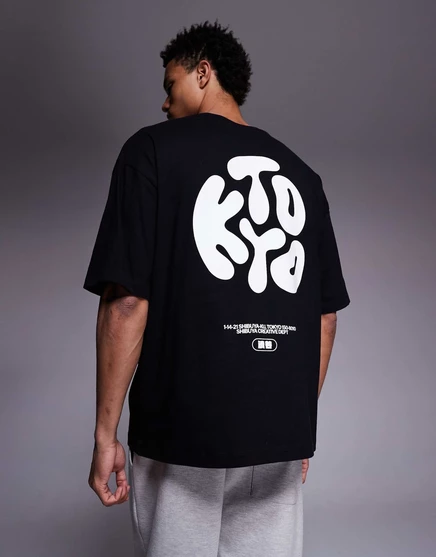 ДИЗАЙНЕРСКАЯ футболка оверсайз от ASOS с текстовым принтом Kyoto черного цвета black