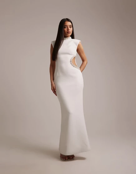 Свадебное платье Wanderdoll Crystal Bridal с высоким вырезом и отделкой из страз, макси-платье с коротким рукавом белого цвета white