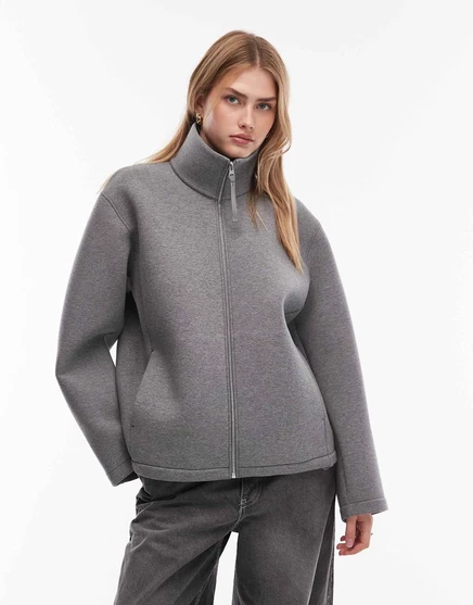 Куртка ARKET с высоким воротом на молнии из ткани в стиле скуба серого цвета gray