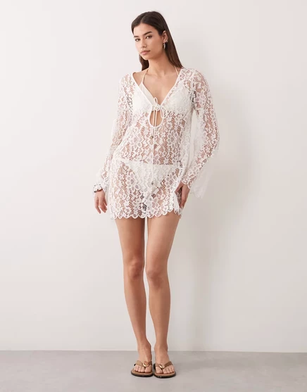 Женское кружевное пляжное мини-платье asos molly, айвори