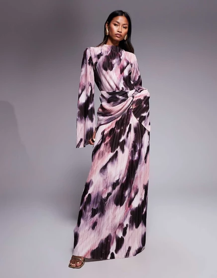 Макси-платье ASOS DESIGN из плиссе с драпировкой и длинным рукавом в пастельных тонах с размытым принтом blurred print