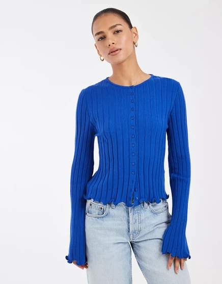 Кардиган ASOS DESIGN из широкой трикотажной ткани в рубчик с оборками на манжетах и подоле кобальтово-синего цвета