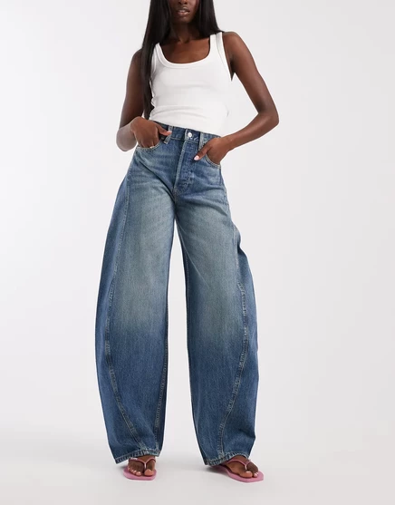 Женские джинсы Tommy Jeans Ella barrel‑leg, высокая талия, тёмно‑синие