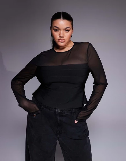 Топ с длинным рукавом из сетчатой бандажной вставки ASOS DESIGN Curve черного цвета black