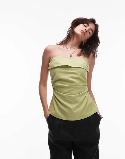 Льняной топ-бандо в складку от Topshop фисташково-зеленого цвета pistachio green