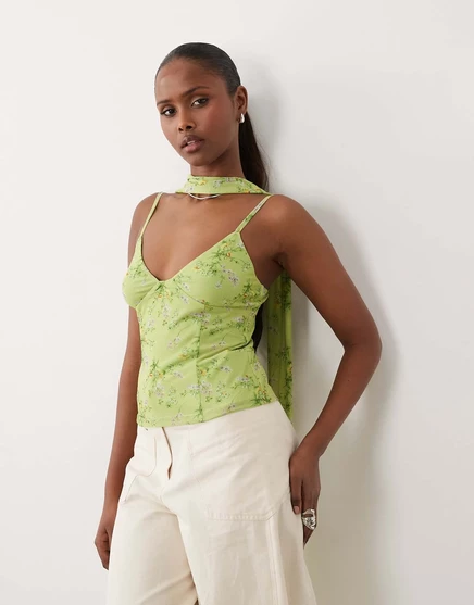 Женская майка Asos Design из сетки с шарфом, зеленая с цветочным принтом