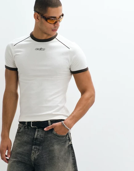 Мужская футболка ASOS Design slim ringer с окантовкой и принтом CEU, кремовая