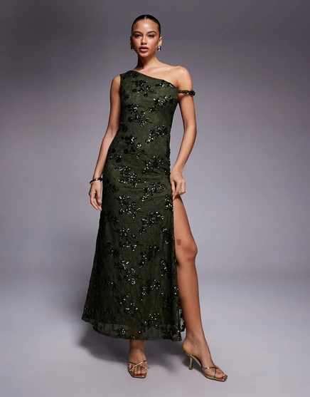 ДИЗАЙНЕРСКОЕ макси-платье ASOS с отделкой из блесток и кружева с открытыми плечами и шнуровкой сзади зеленого цвета green