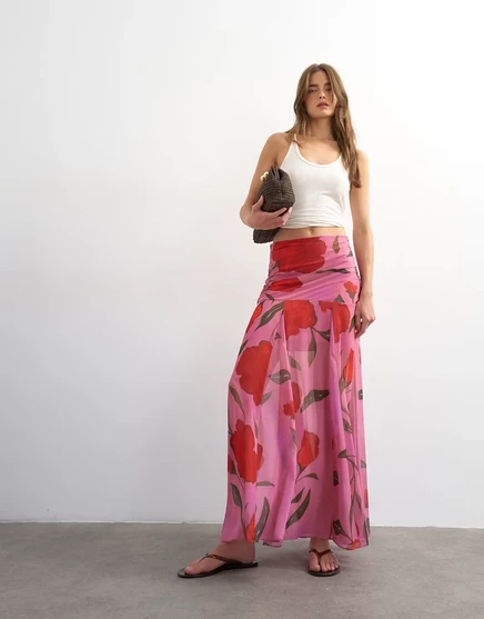 Круглая юбка с цветочным рисунком Topshop и заниженной талией розового цвета pink