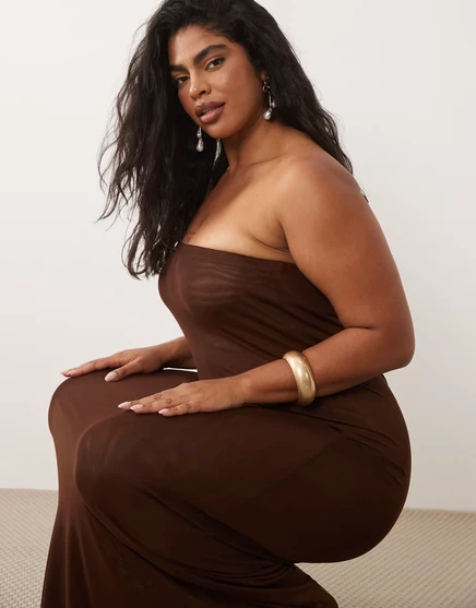 Женское макси-платье ASOS Curve бандо из сетки, шоколадное