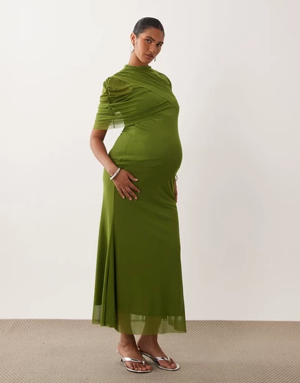 Женское платье для беременных Vero Moda Maternity макси с драпировкой, песто