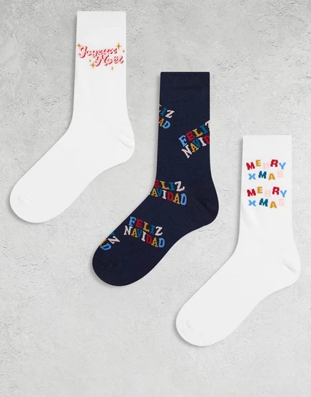 Мужские носки ASOS Design 3 пары с принтом Feliz Navidad, мультицвет
