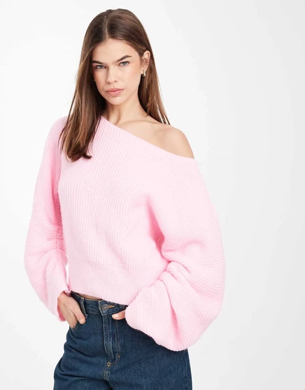 Дизайнерский вязаный свитер ASOS с рюшами на рукавах розового цвета pink