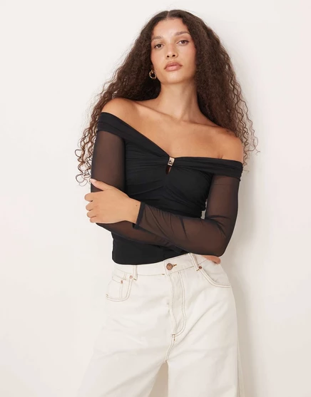 Женский сетчатый топ Abercrombie & Fitch с открытыми плечами, черный