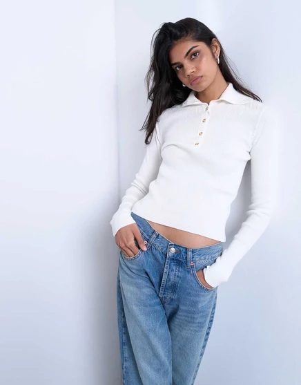 Трикотажное поло Topshop с воротником в рубчик цвета слоновой кости ivory
