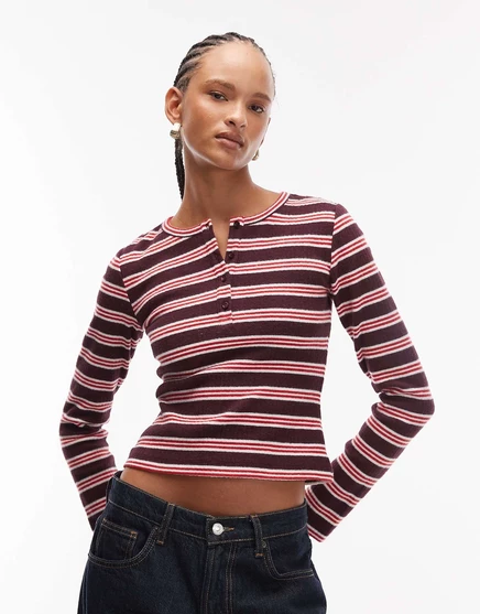 Восстановленный винтажный топ henley с длинным рукавом в полоску multi