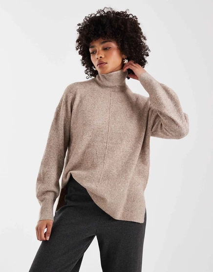 Вязаный свитер Vero Moda с горловиной черепахи и объемными рукавами бежевого цвета в полоску sepia tint