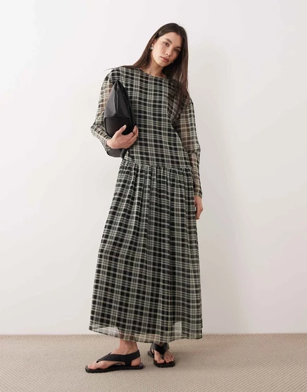 Дизайнерское шифоновое макси-платье-халат ASOS с заниженной талией в зеленую клетку green check