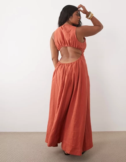 Женское макси-платье ASOS Curve из льна с открытой спиной, терракотовое