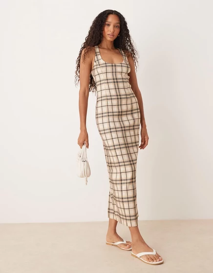  Платье макси ASOS DESIGN с квадратным вырезом в клетку stone check