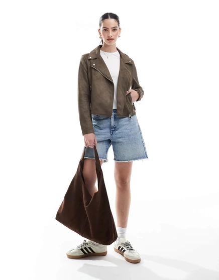 Байкерская куртка из искусственной кожи Vero Moda шоколадного цвета с эффектом стирки chocolate chip