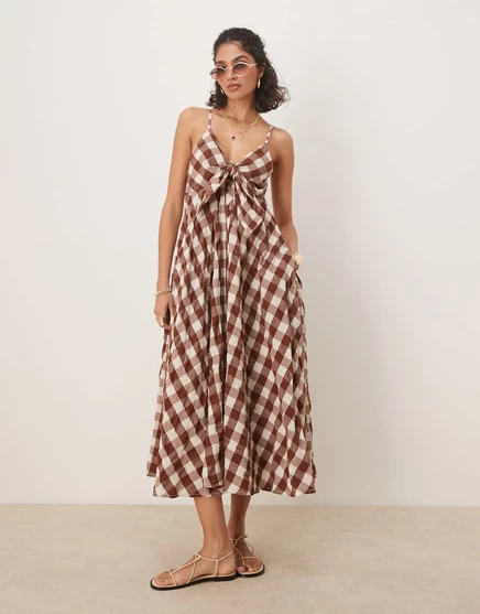 Свободное платье миди на бретельках Free People via коричневого цвета brown combo everly