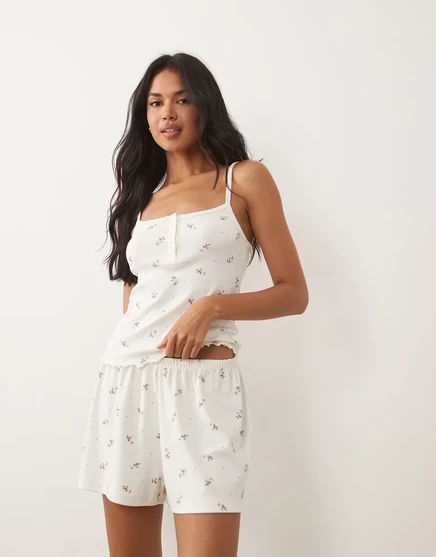 Короткая пижама pointelle от ASOS DESIGN mix &match с принтом в виде розового бутона розы