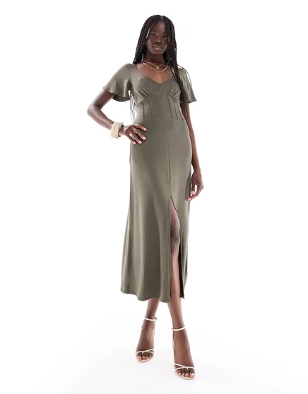 ДИЗАЙНЕРСКОЕ чайное платье миди с корсетом ASOS зеленого цвета хаки khaki
