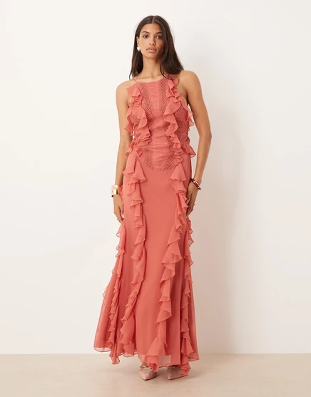 Макси-платье с оборками и трапециевидной отделкой от ASOS DESIGN розового цвета rose