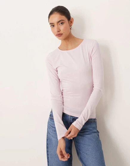 Розовый топ из мягкого на ощупь трикотажа Gina Tricot с длинным рукавом и круглым вырезом горловины ballet slipper