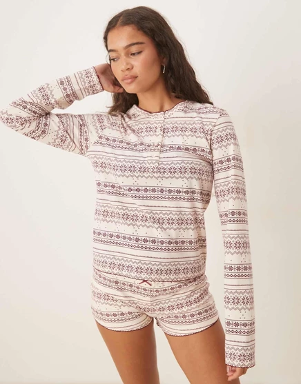Пижамная футболка henley от ASOS DESIGN mix &match с красным принтом fairisle red fairisle